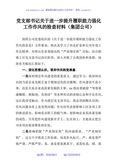 党支部书记关于进一步提升履职能力强化工作作风的检查材料（集团公司）