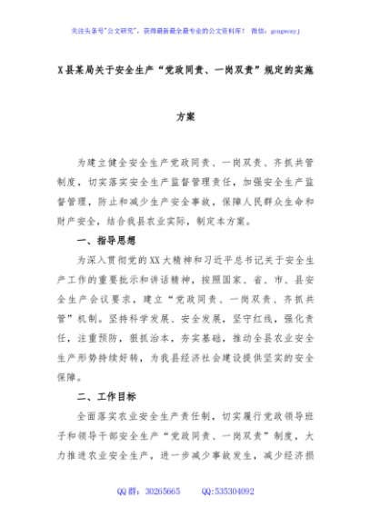 X县某局关于安全生产“党政同责、一岗双责”规定的实施方案