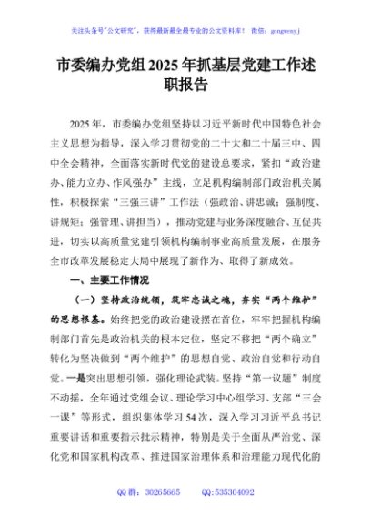 市委编办党组2025年抓基层党建工作述职报告