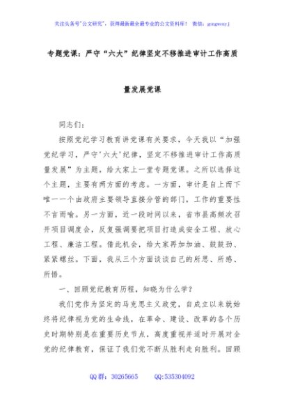 专题党课：严守“六大”纪律坚定不移推进审计工作高质量发展党课