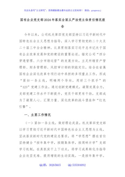 国有企业党支部2024年落实全面从严治党主体责任情况报告