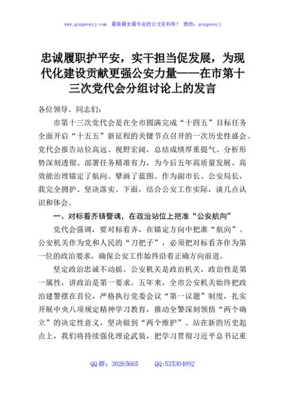 忠诚履职护平安，实干担当促发展，为现代化建设贡献更强公安力量——在市第十三次党代会分组讨论上的发言