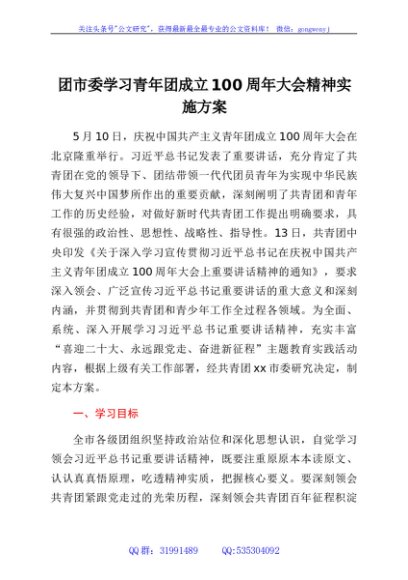 团市委学习建团100周年大会精神实施方案