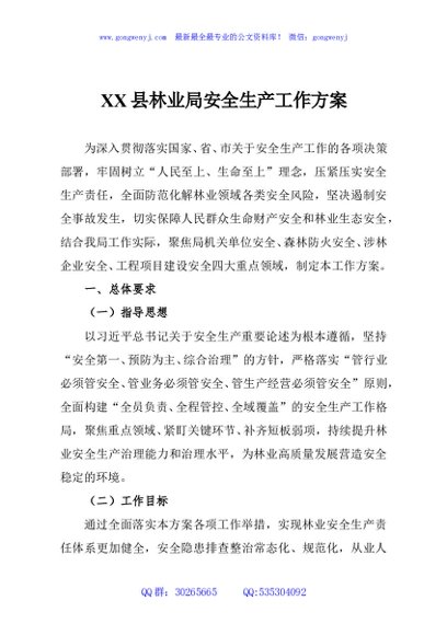 XX县林业局安全生产工作方案