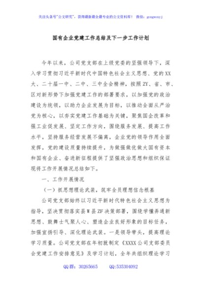 国有企业党建工作总结及下一步工作计划
