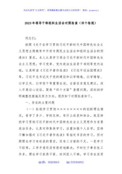 2023年领导干部组织生活会对照检查（四个检视）