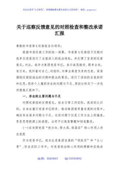 关于巡察反馈意见的对照检查和整改承诺汇报