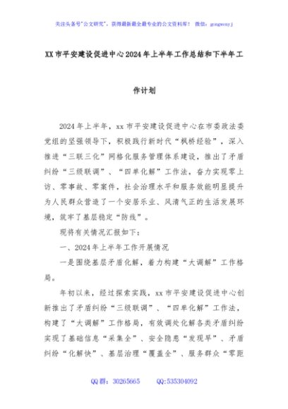 XX市平安建设促进中心2024年上半年工作总结和下半年工作计划