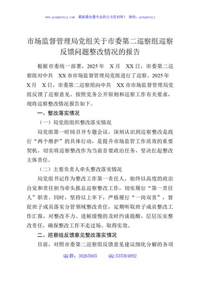 市场监督管理局党组关于市委第二巡察组巡察反馈问题整改情况的报告