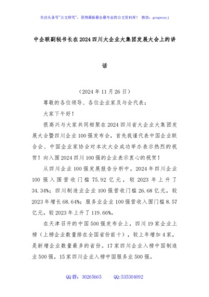中企联副秘书长在2024四川大企业大集团发展大会上的讲话