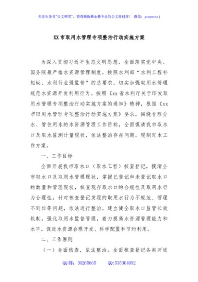 XX市取用水管理专项整治行动实施方案