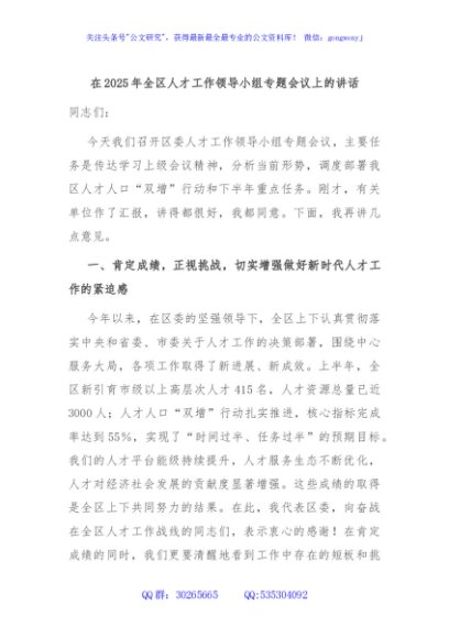 在2025年全区人才工作领导小组专题会议上的讲话