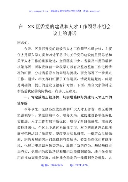 在XX区委党的建设和人才工作领导小组会议上的讲话