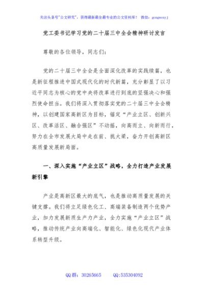 党工委书记学习党的二十届三中全会精神研讨发言