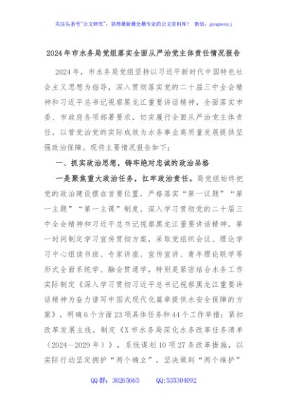 2024年市水务局党组落实全面从严治党主体责任情况报告