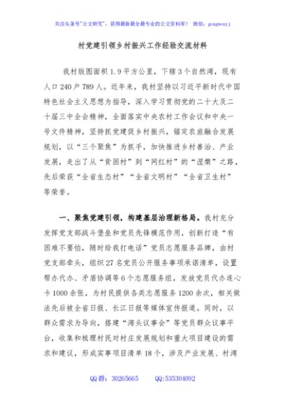 村党建引领乡村振兴工作经验交流材料