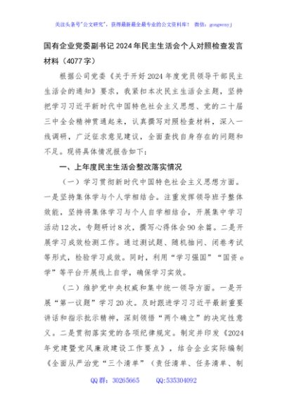 国企党委副书记2024年民主生活会个人对照检查发言材料（4077字）