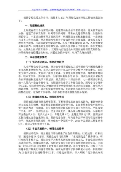 2021年度学校党支部书记抓基层党建工作述职报告