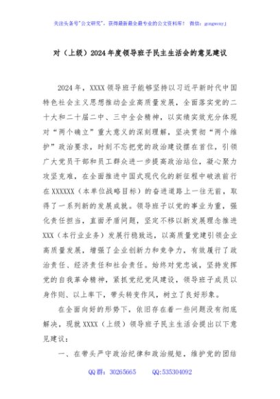 对（上级）2024年度领导班子民主生活会的意见建议