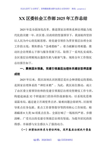 XX区委社会工作部2025年工作总结