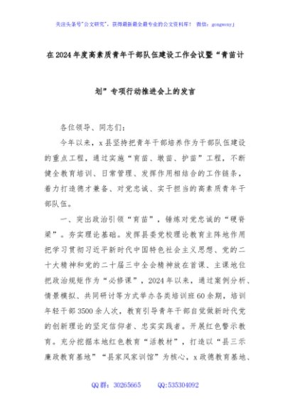 在2024年度高素质青年干部队伍建设工作会议暨“青苗计划”专项行动推进会上的发言