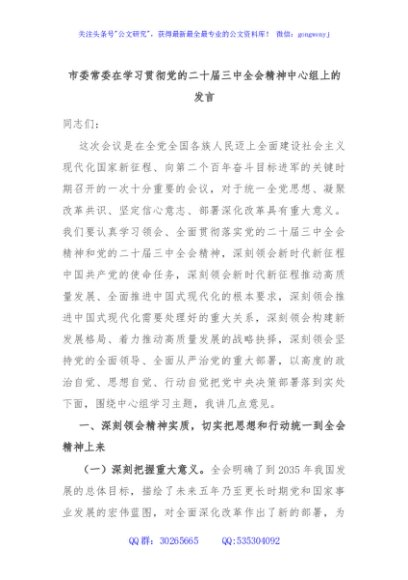 市委常委在学习贯彻党的二十届三中全会精神中心组上的发言