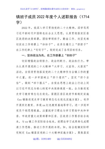 镇班子成员2022年度个人述职报告