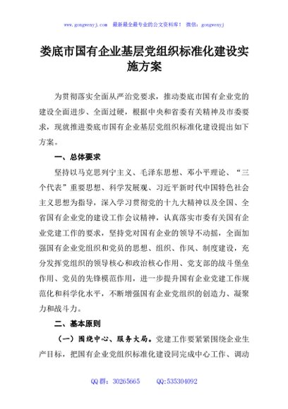 娄底市国有企业基层党组织标准化建设实施方案