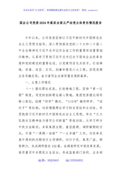 国企公司党委2024年落实全面从严治党主体责任情况报告