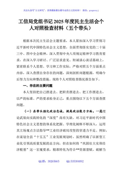 工信局党组书记2025年度民主生活会个人对照检查材料（五个带头）