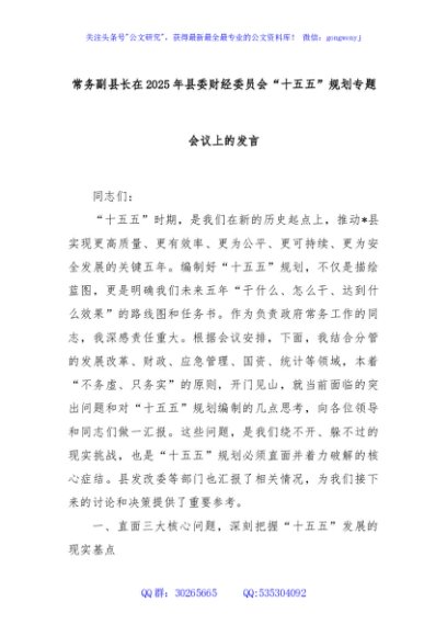 常务副县长在2025年县委财经委员会“十五五”规划专题会议上的发言