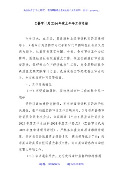 X县审计局2024年度上半年工作总结