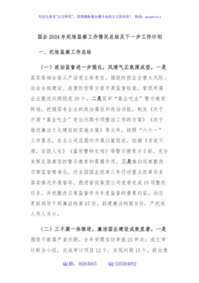 国企2024年纪检监察工作情况总结及下一步工作计划