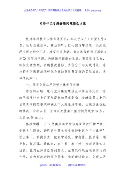 党委书记专题查摆问题整改方案