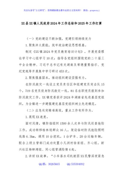XX县XX镇人民政府2024年工作总结和2025年工作打算