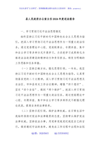 县人民政府办公室主任2024年度述法报告