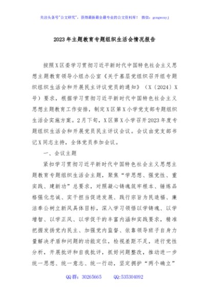 2023年主题教育专题组织生活会情况报告