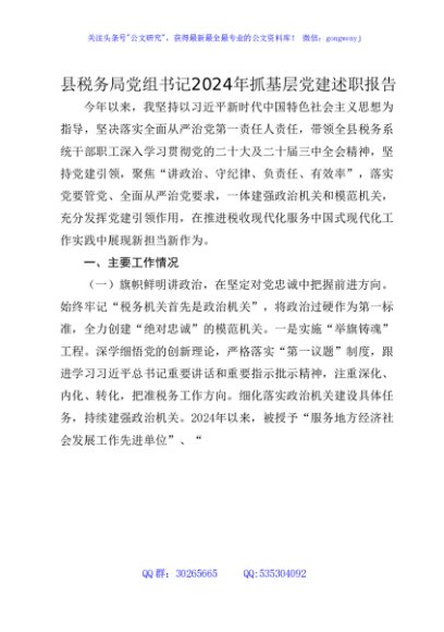税务系统2024年书记抓基层党建述职报告2300字