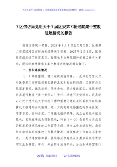 X区信访局党组关于X届区委第X轮巡察集中整改进展情况的报告