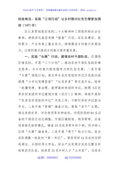 经验做法：实施“三项行动”让乡村振兴红色引擎更加强劲（1471字）