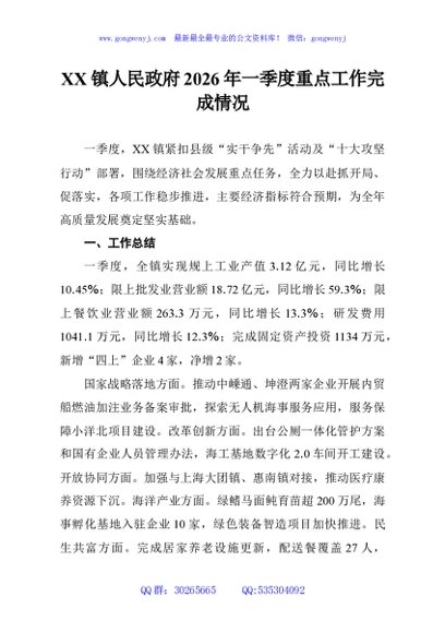 XX镇人民政府2026年一季度重点工作完成情况