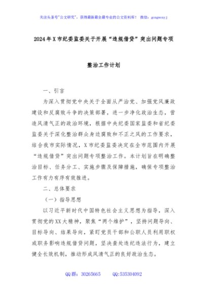 2024年X市纪委监委关于开展“违规借贷”突出问题专项整治工作计划