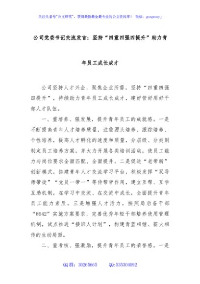 公司党委书记交流发言：坚持“四重四强四提升”助力青年员工成长成才