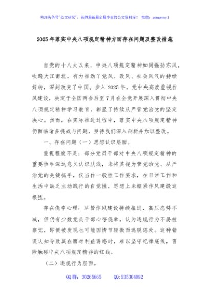 2025 年落实中央八项规定精神方面存在问题及整改措施