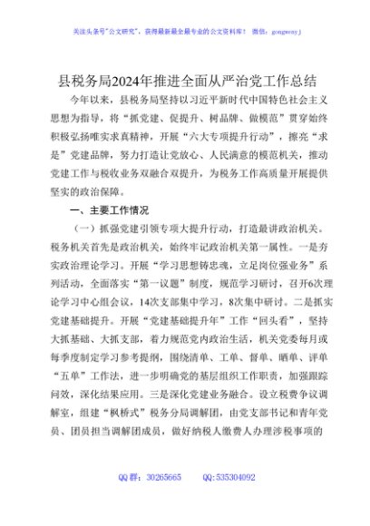 县税务局2024年推进全面从严治党工作总结2800字
