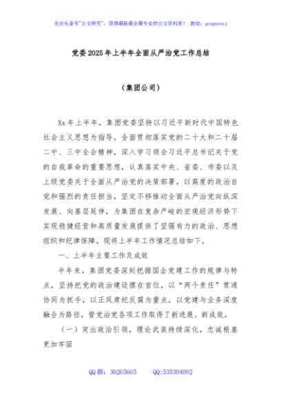 党委2025年上半年全面从严治党工作总结（集团公司）