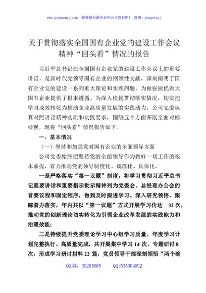 关于贯彻落实全国国有企业党的建设工作会议精神“回头看”情况的报告