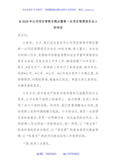 在2025年公司项目管理专题会暨第一次项目管理委员会上的讲话