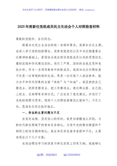 2025年度新任党组成员民主生活会个人对照检查材料