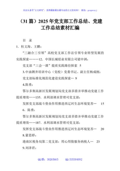 （31篇）2025年党支部工作总结、党建工作总结素材汇编